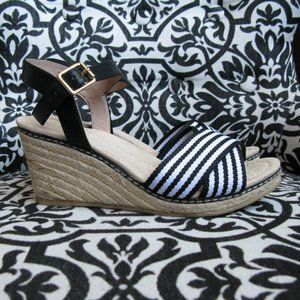 Land's End Blk/Wht Striped Espadrille Wedg
